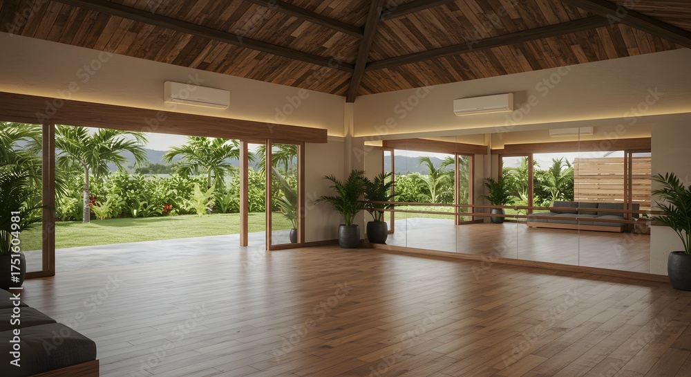 Fototapeta premium Tropical Yoga Studio Interior with Garden View
