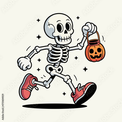 happy skeleton night run, sparkling stars around, candy pail pumpkin, fun halloween artwork, energetic pose, friendly spooky vector