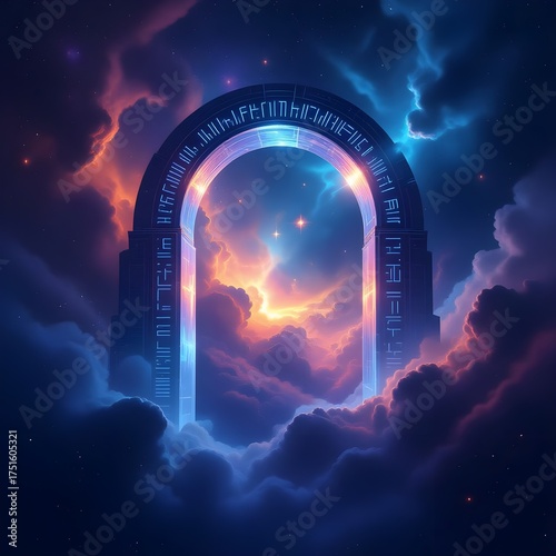 Digital Illustration of Futuristic Arch Beneath Swirling Nebula Clouds