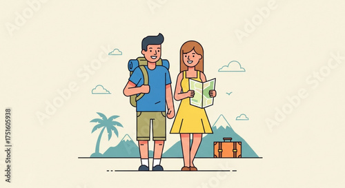 A young couple is traveling in the mountains, standing on a green meadow, with a blue sky and white clouds, enjoying the beautiful scenery