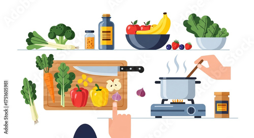 Illustration of cooking process with fresh vegetables, fruits, and cooking utensils, showcasing a healthy lifestyle and culinary preparation