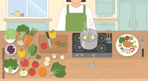 A person is cooking a healthy meal with fresh vegetables, including broccoli, carrots, tomatoes, and peppers, on a stove in a bright and airy kitchen