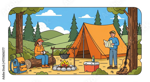 A camper enjoys a peaceful camping trip in the woods, reading a map, drinking coffee, and relaxing by the campfire near a tent and trees