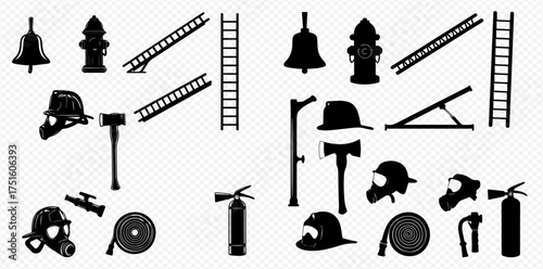 Firefighting equipment silhouettes: helmets, ladders, axes, hoses, extinguishers, and hydrants.