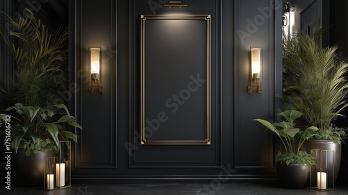 Luxurious Moody Interior Design Featuring Lush Potted Plants And Ultra Detailed Wall Textures
