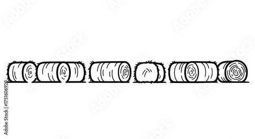 Row of round hay bales in a simple line drawing style