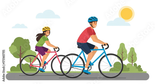 A cheerful illustration depicts a couple happily cycling on a sunny day, with vibrant trees and fluffy clouds enhancing the picturesque outdoor setting
