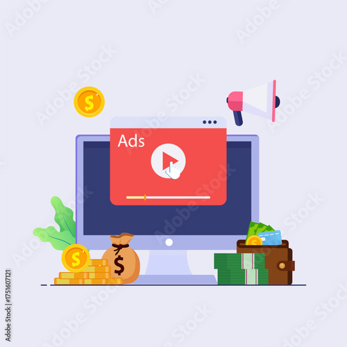 concept of Pay per click, PPC, paid advertising campaign displays ads on websites that generate revenue for publishers, Advertising or advertising, Promoting a brand to an audience, internet.