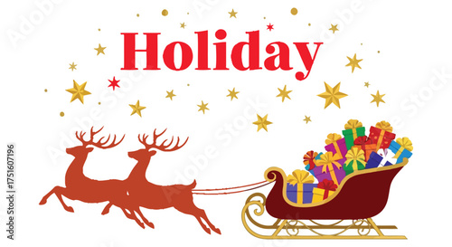 Holiday scene isolated on white background with reindeer pulling a sleigh full of gifts