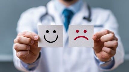 Doctor displays cheerful and gloomy face illustrations for mental health evaluation user feedback and wellness survey on World Mental Health Day