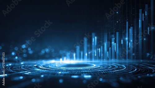Abstract digital landscape with glowing blue circles and lines