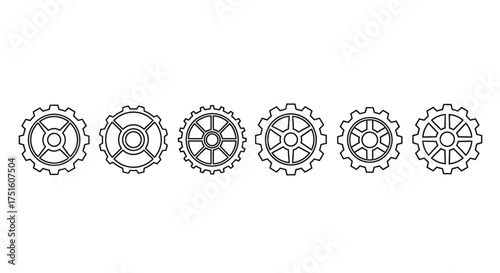 Collection of six intricate mechanical gears in black and white outline