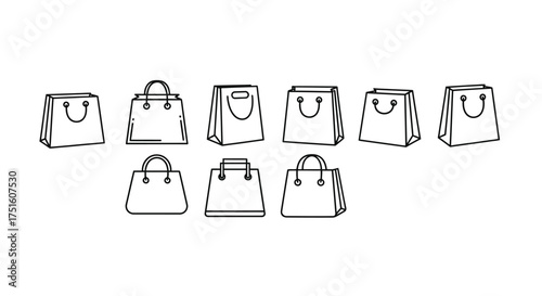 Collection of hand drawn shopping bags in black and white outline style