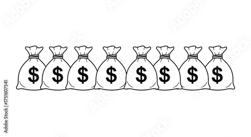 Row of hand drawn money bags with dollar signs