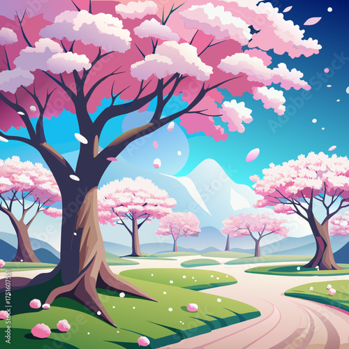 Beautiful japanese cherry blossoms in full bloom creating a serene and picturesque springtime scene with delicate pink petals and branches