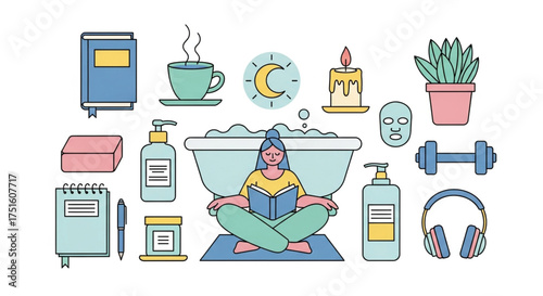 Collection of selfcare items and activities, including meditation, reading, bathing, skincare, and relaxation tools