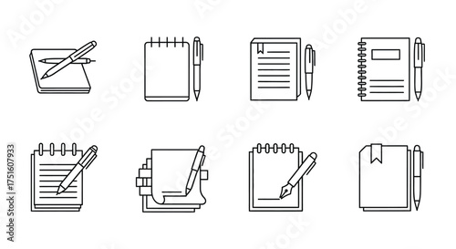 Collection of hand drawn notebook and pen icons for note taking and writing