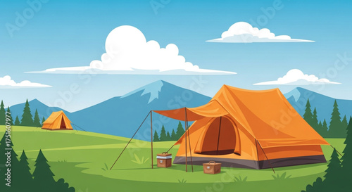 A serene camping landscape featuring orange tents nestled in a green meadow with majestic mountains and a clear blue sky creating a peaceful outdoor scene