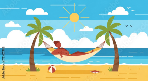A man is relaxing in a hammock between two palm trees on a sunny beach with a blue sea, clouds, sun, and a beach ball summer vacation concept