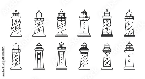 Collection of hand drawn lighthouse illustrations in black and white outline style
