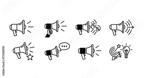 Set of hand drawn megaphone icons representing communication and ideas