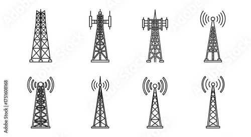 Collection of eight different cell tower and communication antenna illustrations