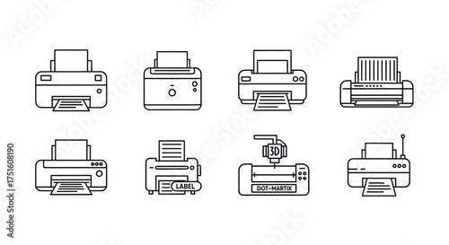 Collection of eight different printer icons in a clean line art style