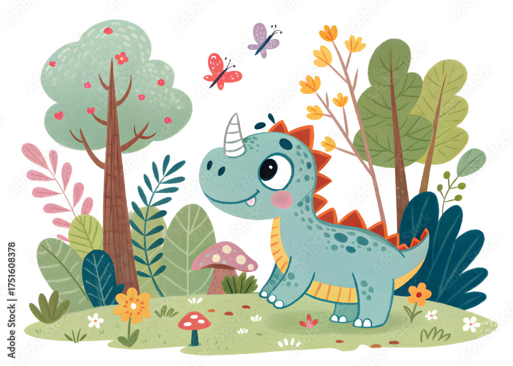 Fototapeta premium Cute cartoon dinosaur in the forest with butterflies and trees on white background