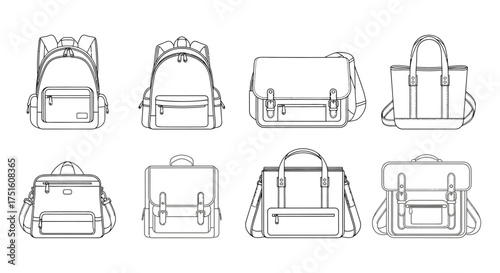 Collection of hand drawn backpack and bag illustrations