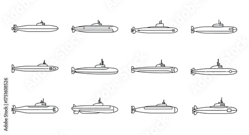 Collection of hand drawn submarine illustrations in a grid layout
