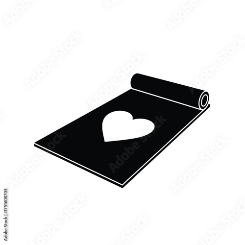 Black rolled yoga mat with white heart shape vector