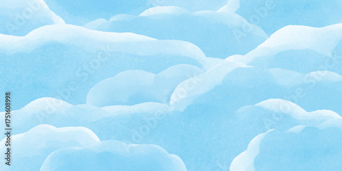 Spring,  summer, winter background. Blue sky, clouds. Watercolor texture. Snowdrifts. Snowy landscape.