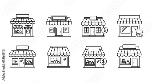 Collection of hand drawn sketch style storefront icons for small businesses