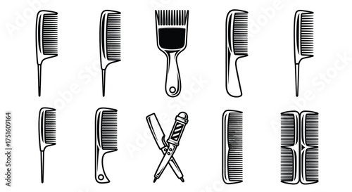 Collection of vintage and modern hair combs and barber tools