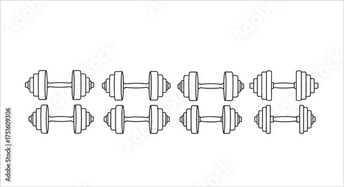 Row of hand drawn dumbbells isolated on white background