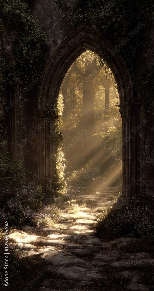 Obraz premium Sunlight streams through an ancient archway into a mystical forest