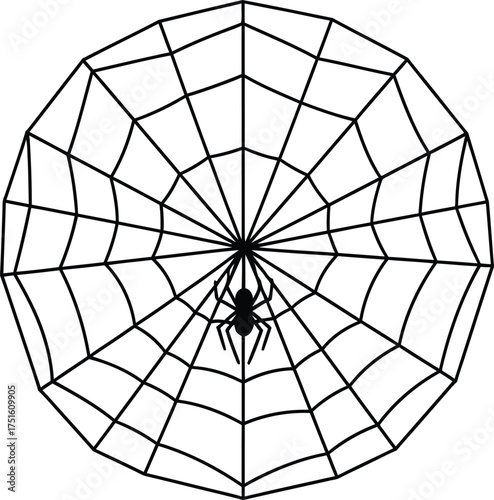 A minimalist black and white vector illustration of a spider meticulously centered on its intricate and symmetrical circular web, isolated on a white background
