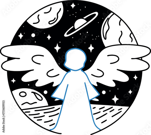 Celestial Guardian A Serene Angel Amidst a Cosmic Realm of Planets Stars and Serene Landscapes A Symbol of Hope and Protection