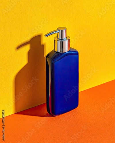 Blue pump bottle on orange background