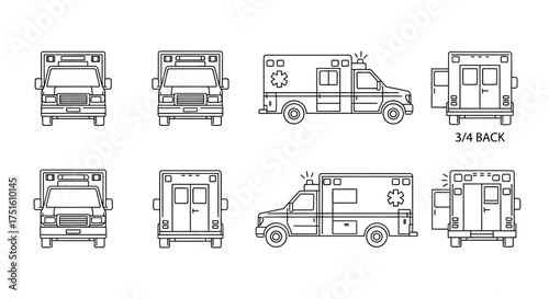 Ambulance vehicle technical drawing set showing multiple views