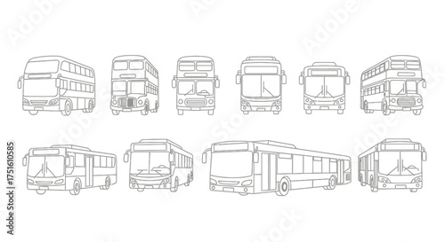 Collection of hand drawn sketches of various public transportation buses and trams