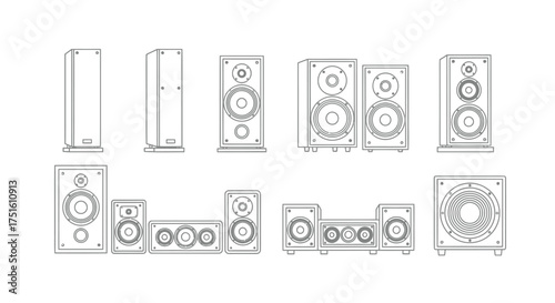 Collection of hand drawn speaker and audio equipment illustrations