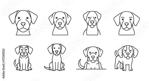 Collection of hand drawn dog portraits in sketchy line art style