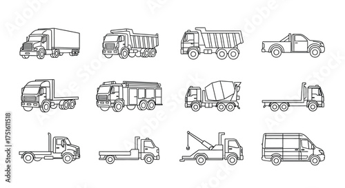 Collection of hand drawn truck illustrations in black and white outline style