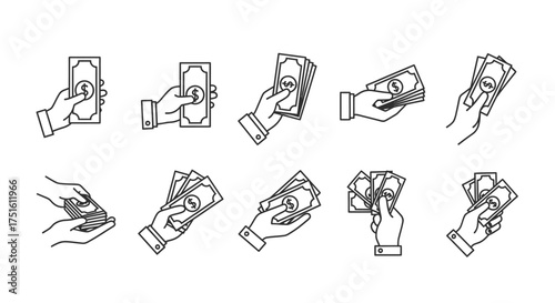 Collection of hand gestures holding and counting money and banknotes