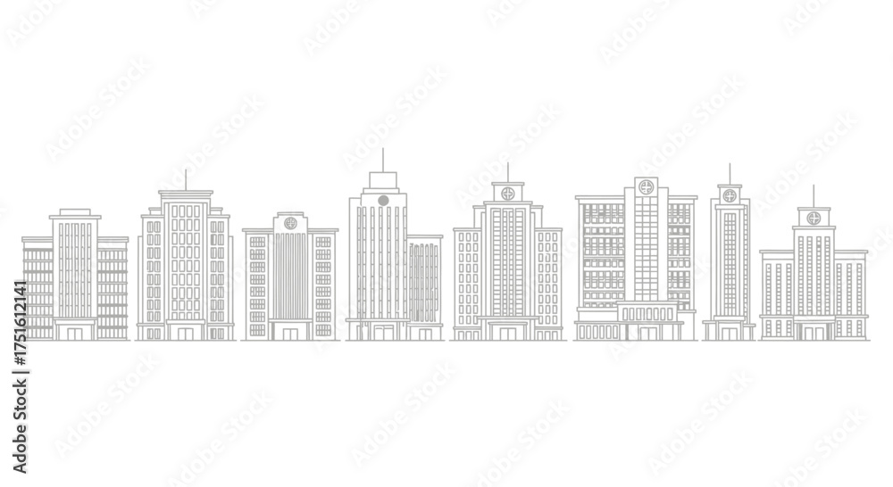 Fototapeta premium Modern city skyline sketch with tall buildings and architectural details