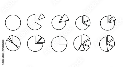 Set of hand drawn pie chart icons showing different divisions and percentages