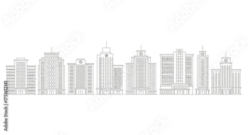 Modern city skyline sketch with tall buildings and architectural details