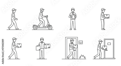 Collection of line art illustrations of delivery people and services