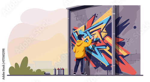 Graffiti Artist Spraying Colorful Mural on Concrete Wall